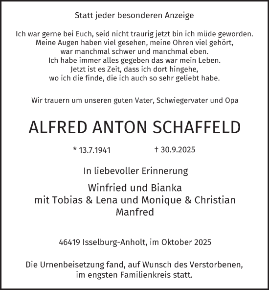 Traueranzeige von Alfred Anton Schaffeld von Tageszeitung