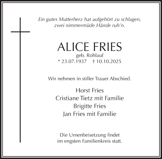 Traueranzeige von Alice Fries von Tageszeitung