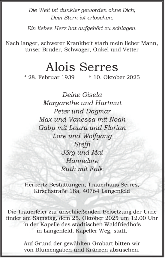 Traueranzeige von Alois Serres von Tageszeitung