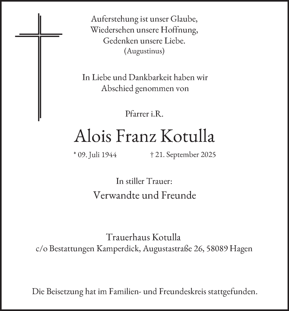  Traueranzeige für Alois Franz Kotulla vom 04.10.2025 aus Tageszeitung