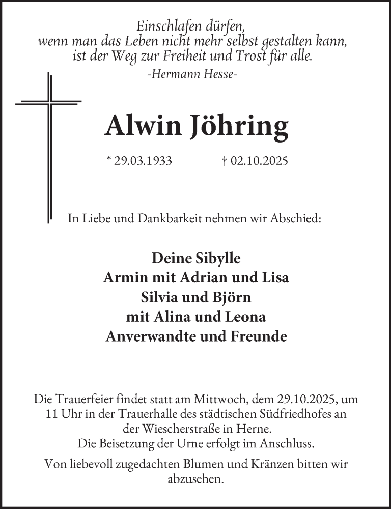  Traueranzeige für Alwin Jöhring vom 25.10.2025 aus Tageszeitung
