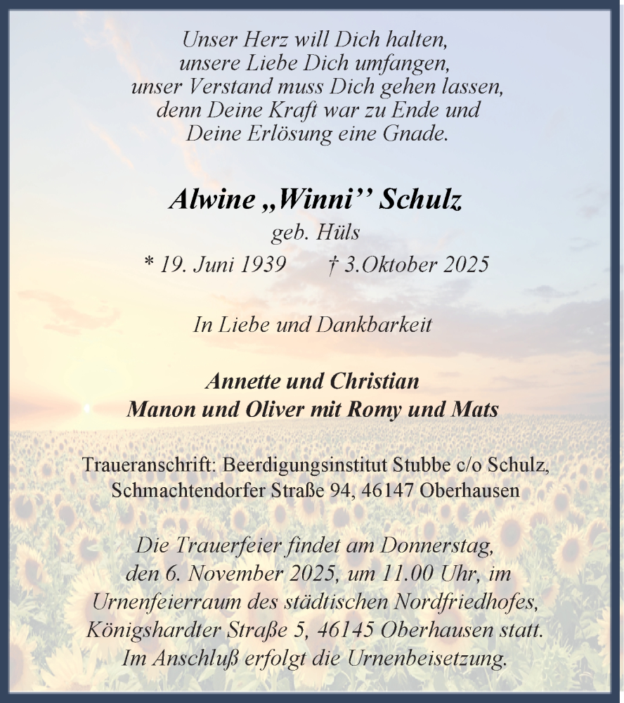  Traueranzeige für Alwine Schulz vom 31.10.2025 aus Tageszeitung