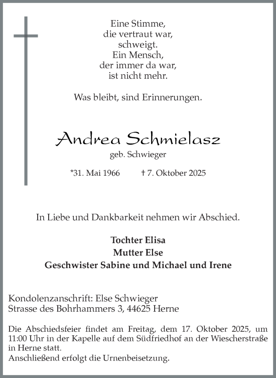 Traueranzeige von Andrea Schmielasz von Tageszeitung