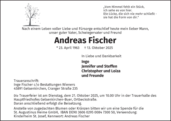 Traueranzeige von Andreas Fischer von Tageszeitung