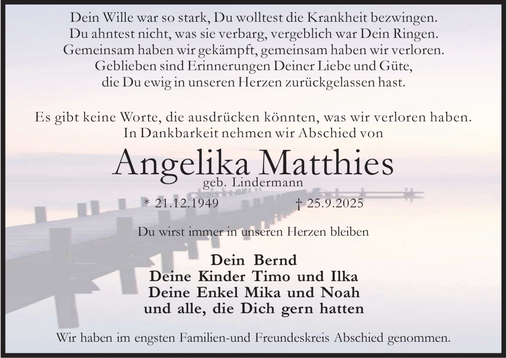  Traueranzeige für Angelika Matthies vom 01.11.2025 aus Tageszeitung