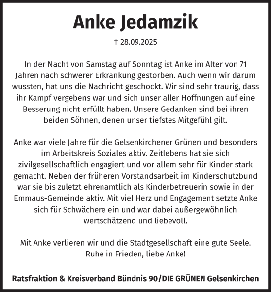 Traueranzeige von Anke Jedamzik von Tageszeitung