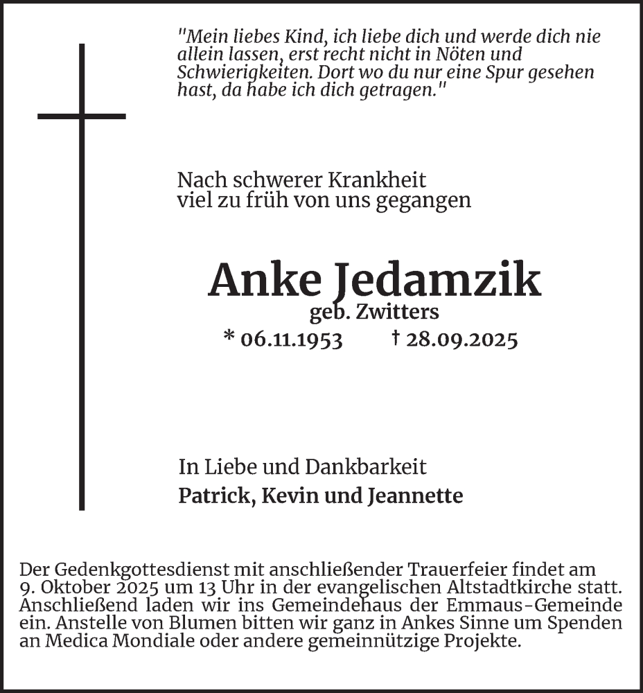  Traueranzeige für Anke Jedamzik vom 04.10.2025 aus Tageszeitung