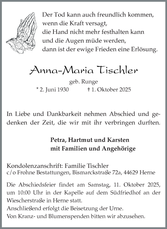 Traueranzeige von Anna-Maria Tischler von Tageszeitung
