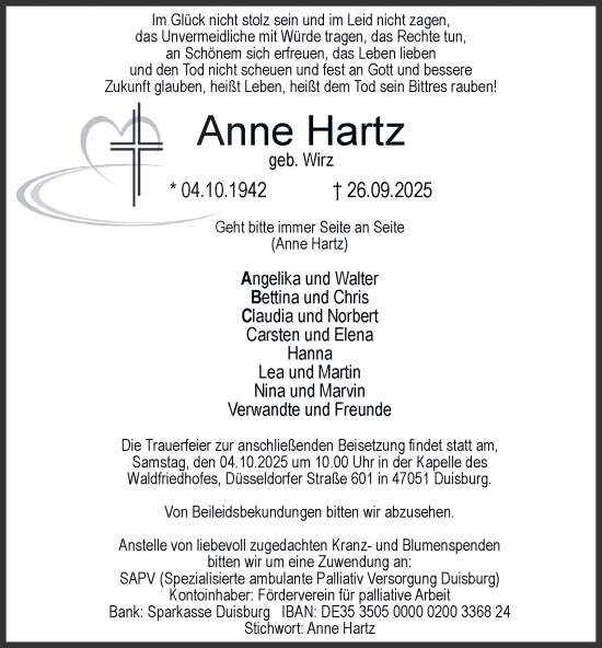 Traueranzeige von Anne Hartz von Tageszeitung