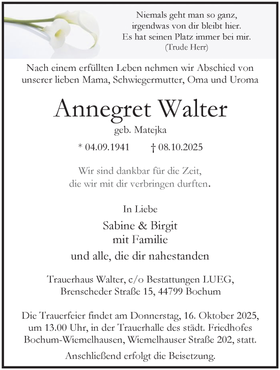Traueranzeige von Annegret Walter von Tageszeitung