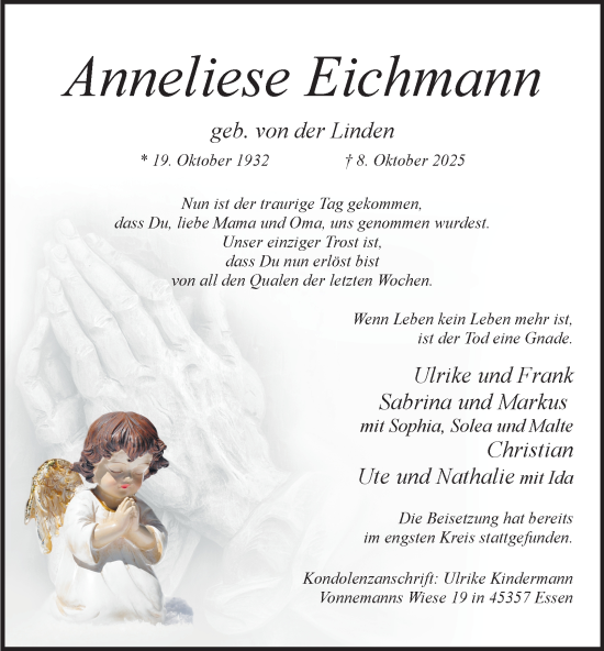 Traueranzeige von Anneliese Eichmann von Tageszeitung