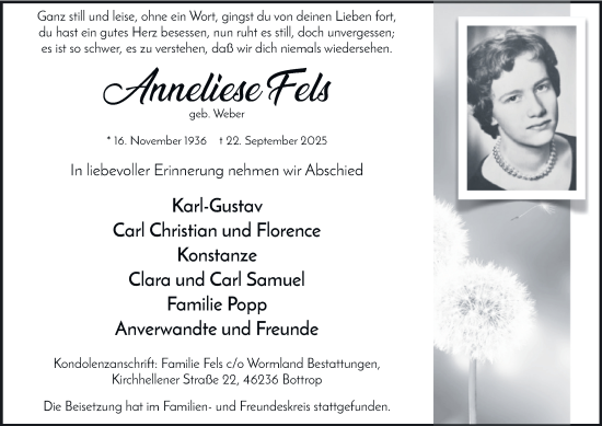 Traueranzeige von Anneliese Fels von Tageszeitung