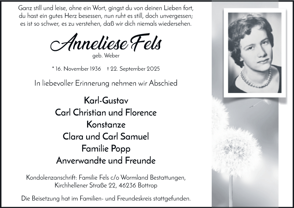  Traueranzeige für Anneliese Fels vom 18.10.2025 aus Tageszeitung