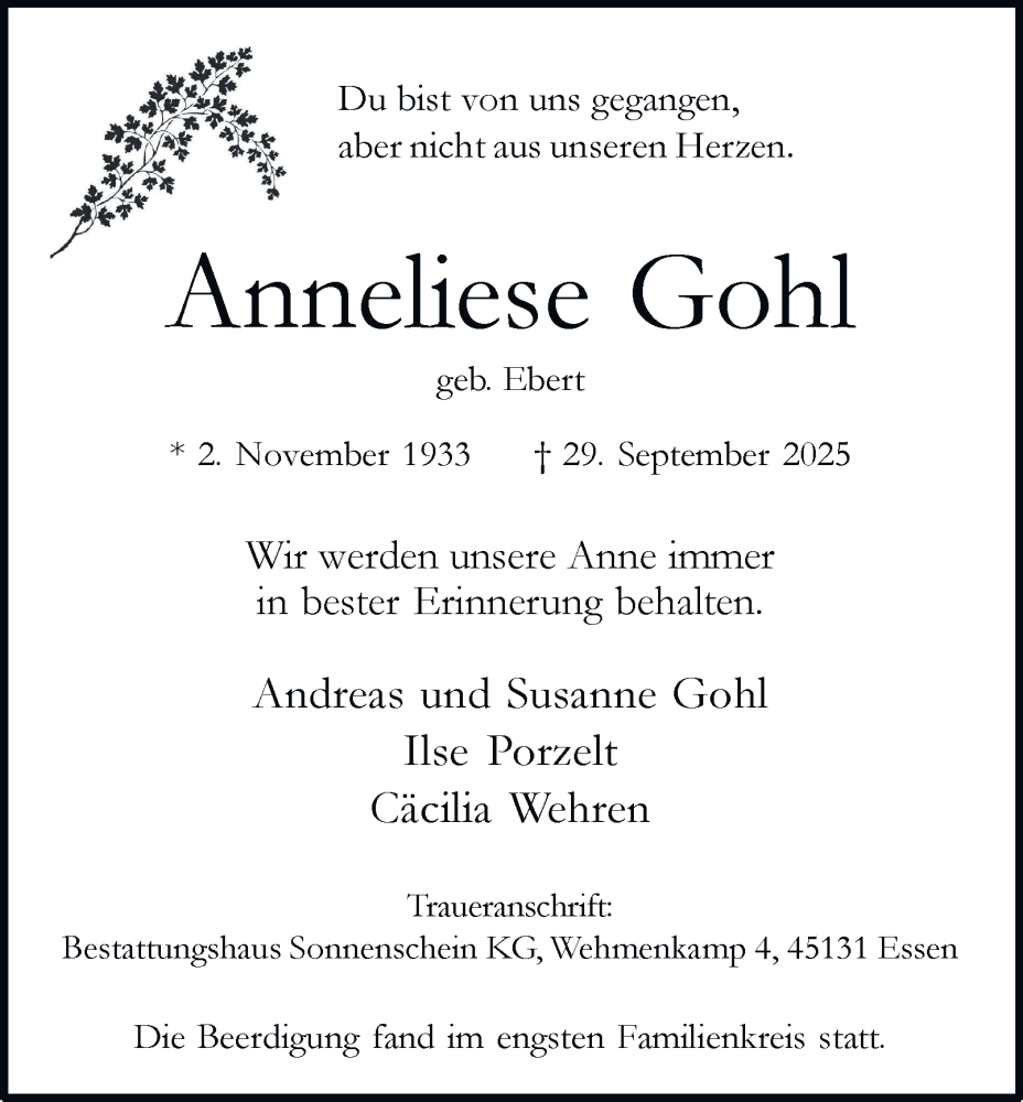  Traueranzeige für Anneliese Gohl vom 11.10.2025 aus Tageszeitung