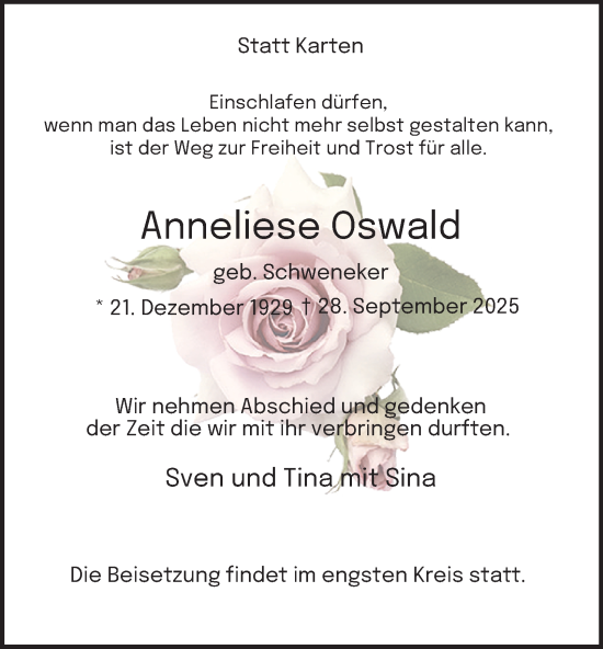 Traueranzeige von Anneliese Oswald von Tageszeitung