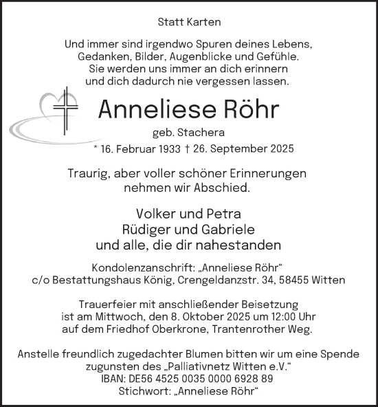 Traueranzeige von Anneliese Röhr von Tageszeitung