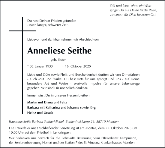 Traueranzeige von Anneliese Seithe von Tageszeitung