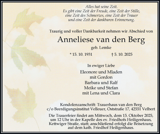 Traueranzeige von Anneliese van den Berg von Tageszeitung