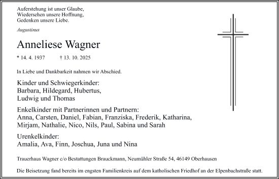 Traueranzeige von Anneliese Wagner von Tageszeitung