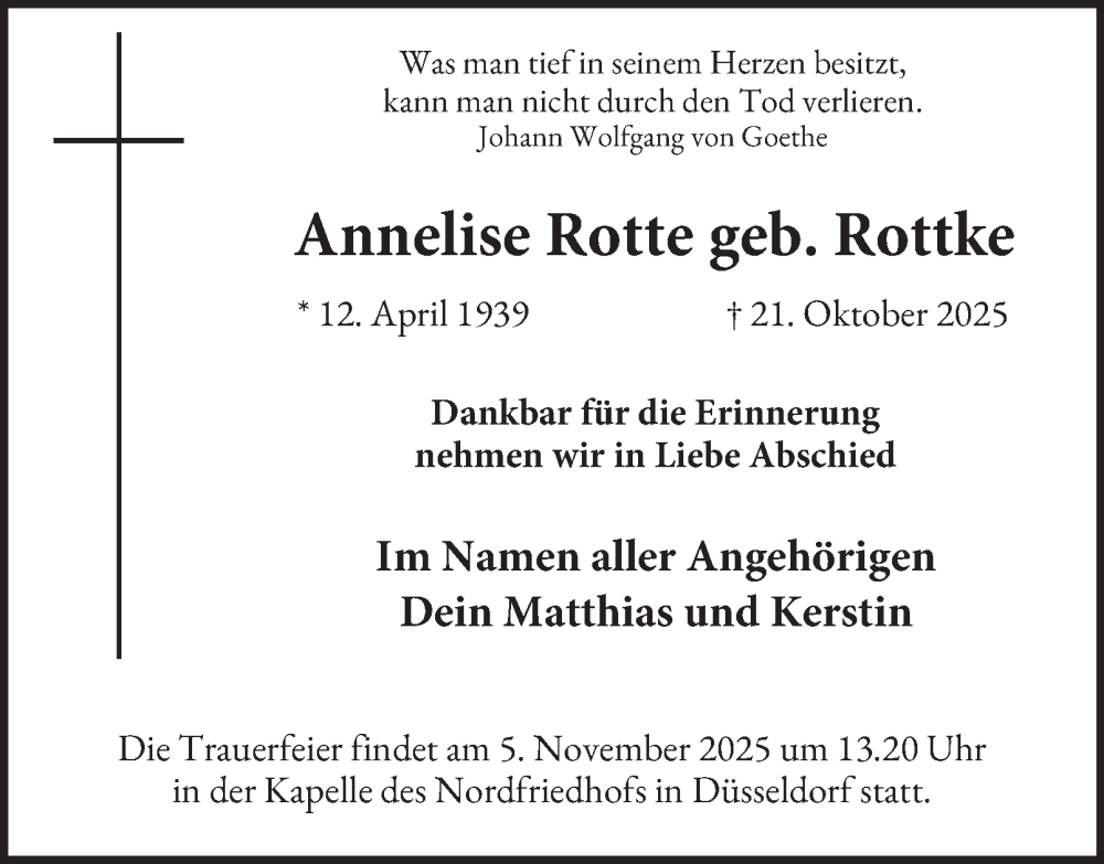 Traueranzeige für Annelise Rotte vom 30.10.2025 aus Tageszeitung