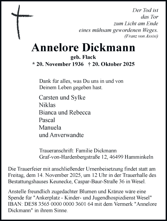 Traueranzeige von Annelore Dickmann von Tageszeitung