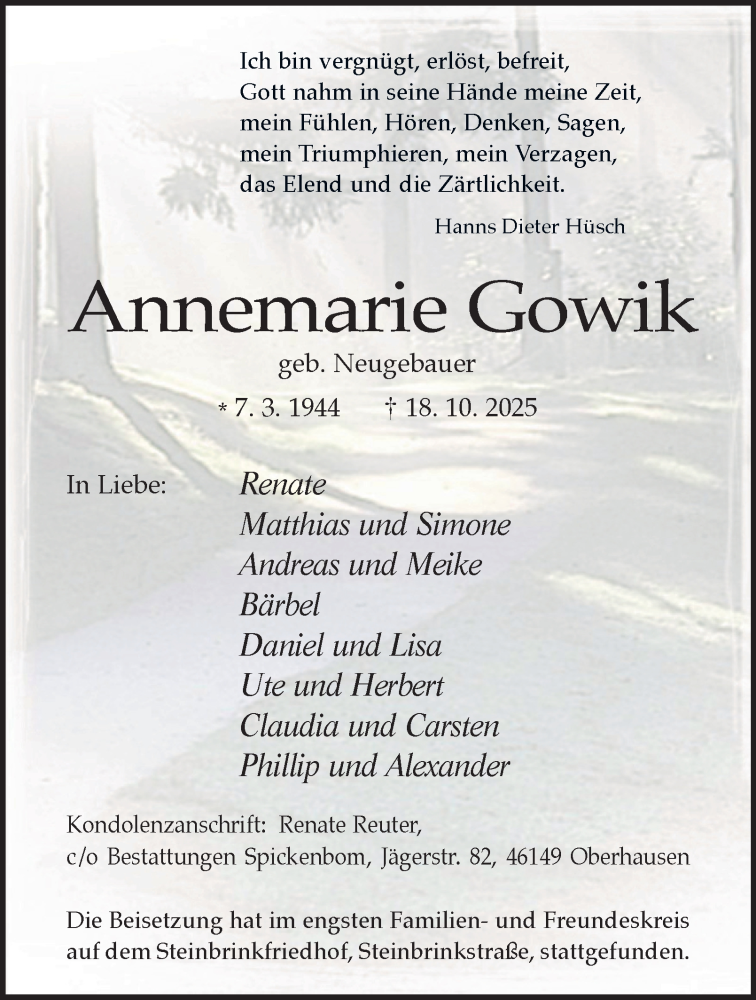  Traueranzeige für Annemarie Gowik vom 01.11.2025 aus Tageszeitung