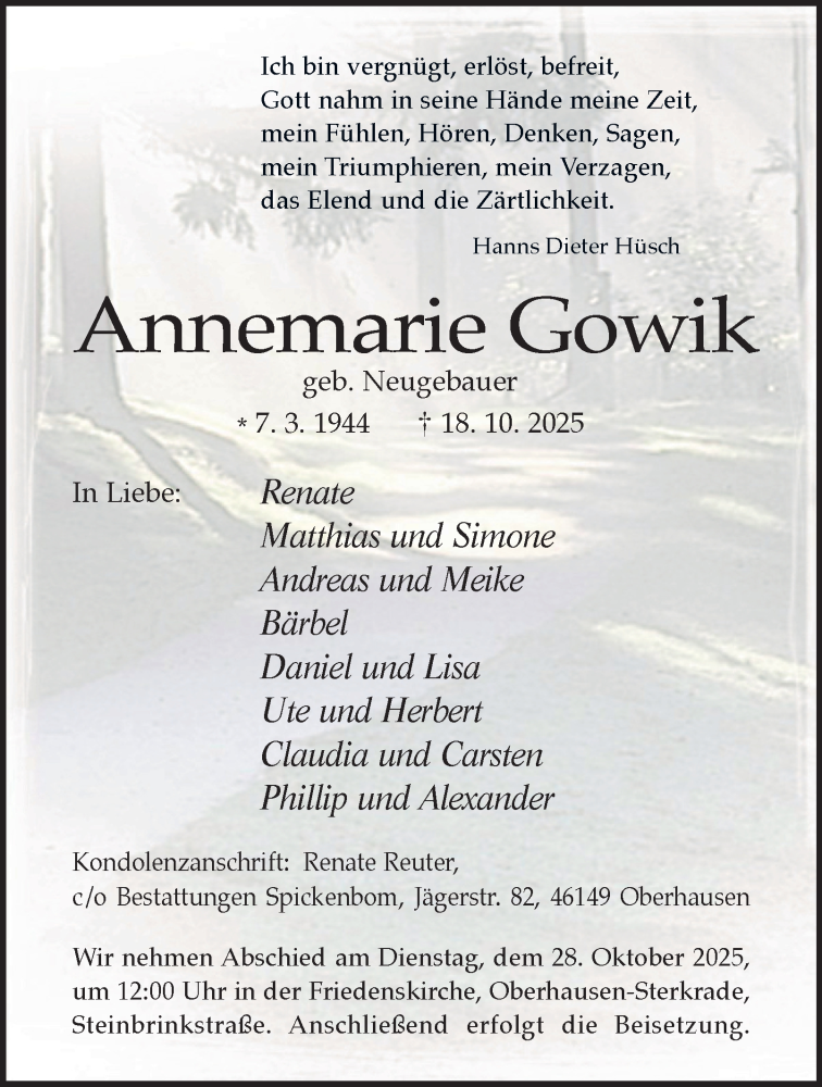  Traueranzeige für Annemarie Gowik vom 25.10.2025 aus Tageszeitung