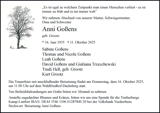 Traueranzeige von Anni Goßens von Tageszeitung