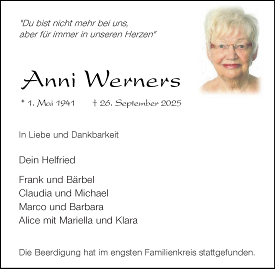 Traueranzeige von Anni Werners von Tageszeitung