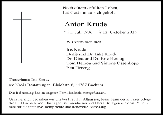 Traueranzeige von Anton Krude von Tageszeitung