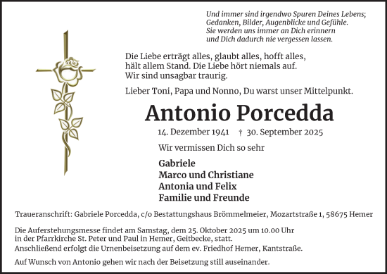 Traueranzeige von Antonio Porcedda von Tageszeitung