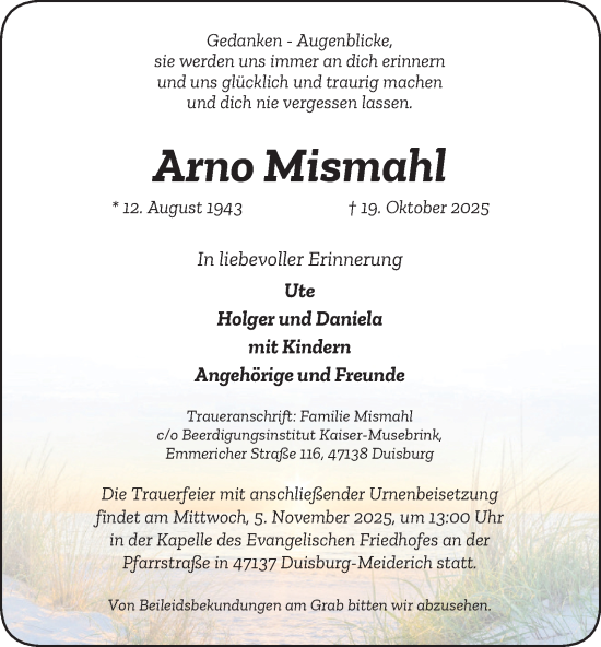 Traueranzeige von Arno Mismahl von Tageszeitung