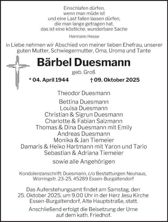 Traueranzeige von Bärbel Duesmann von Tageszeitung