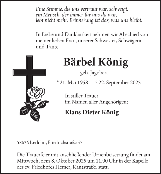 Traueranzeige von Bärbel König von Tageszeitung