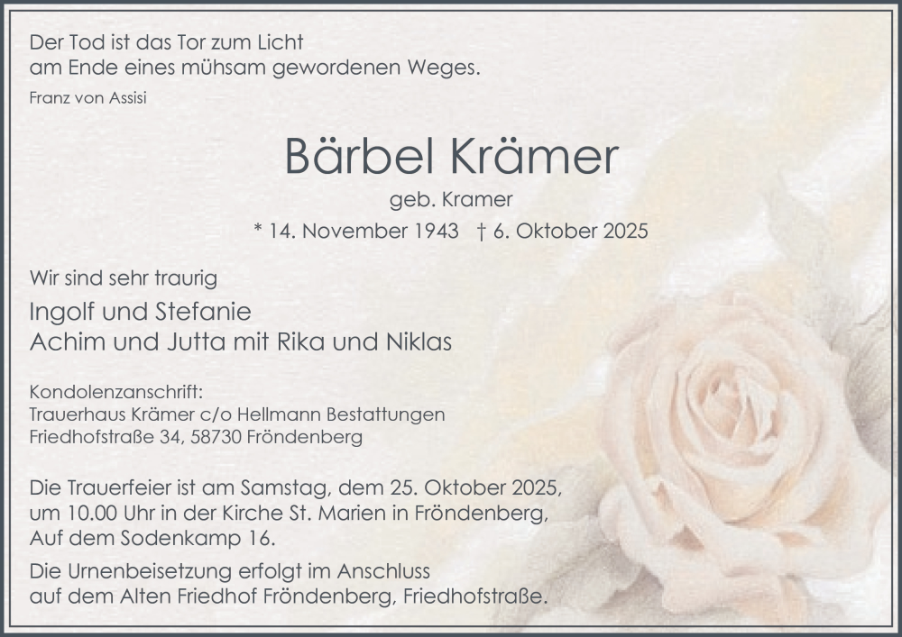  Traueranzeige für Bärbel Krämer vom 18.10.2025 aus Tageszeitung