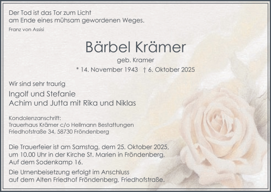 Traueranzeige von Bärbel Krämer von Tageszeitung