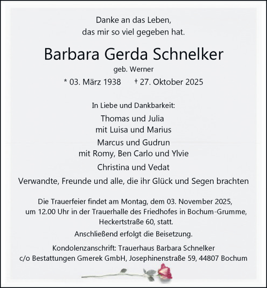 Traueranzeige von Barbara Gerda Schnelker von Tageszeitung