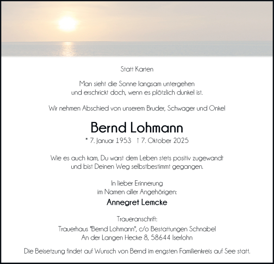 Traueranzeige von Bernd Lohmann von Tageszeitung