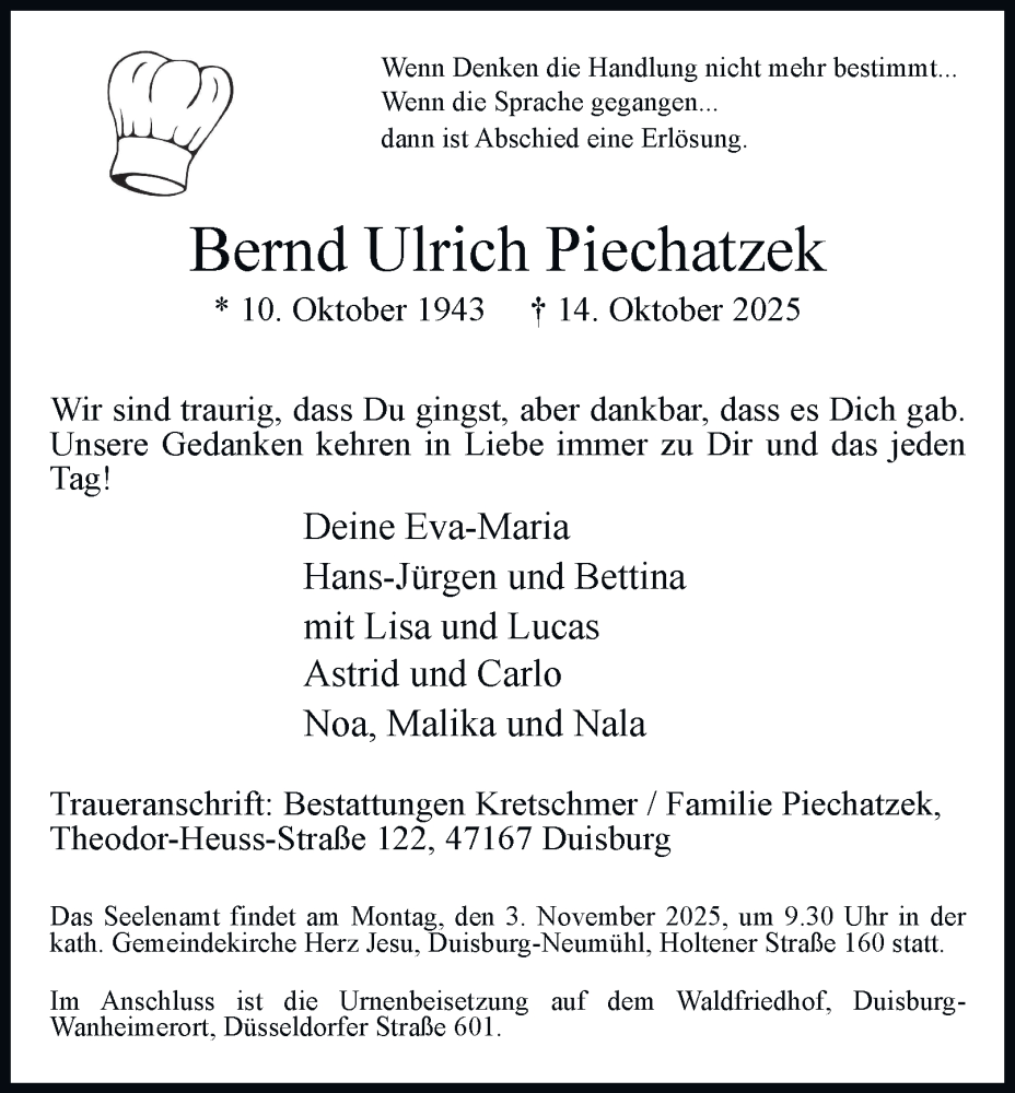  Traueranzeige für Bernd Ulrich Piechatzek vom 25.10.2025 aus Tageszeitung