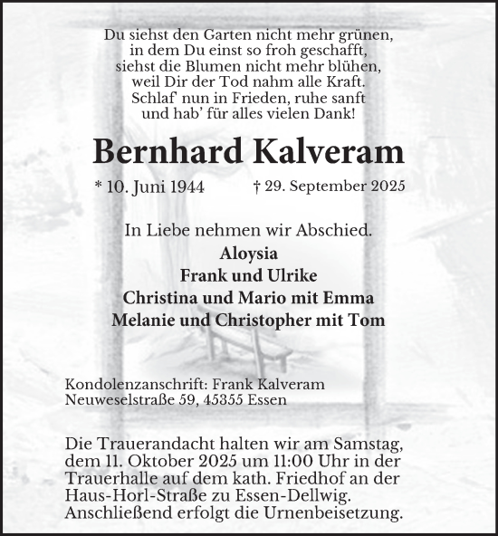 Traueranzeige von Bernhard Kalveram von Tageszeitung