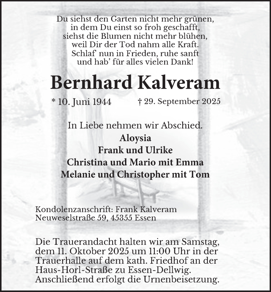  Traueranzeige für Bernhard Kalveram vom 06.10.2025 aus Tageszeitung
