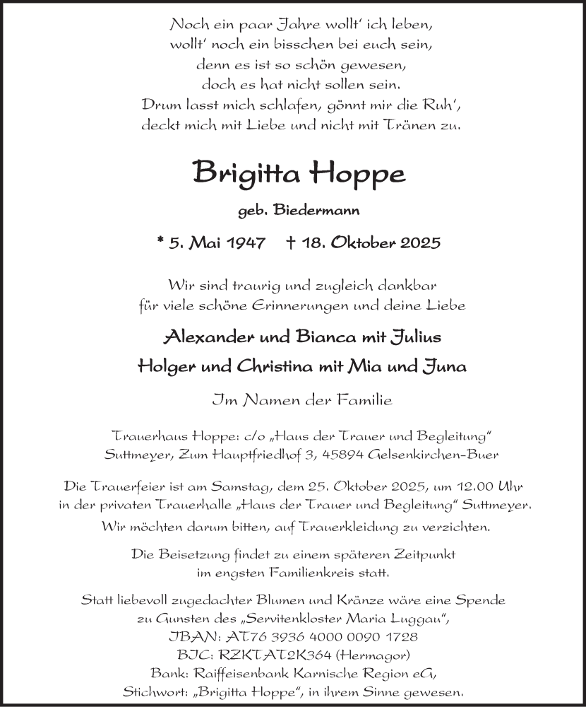  Traueranzeige für Brigitta Hoppe vom 23.10.2025 aus Tageszeitung