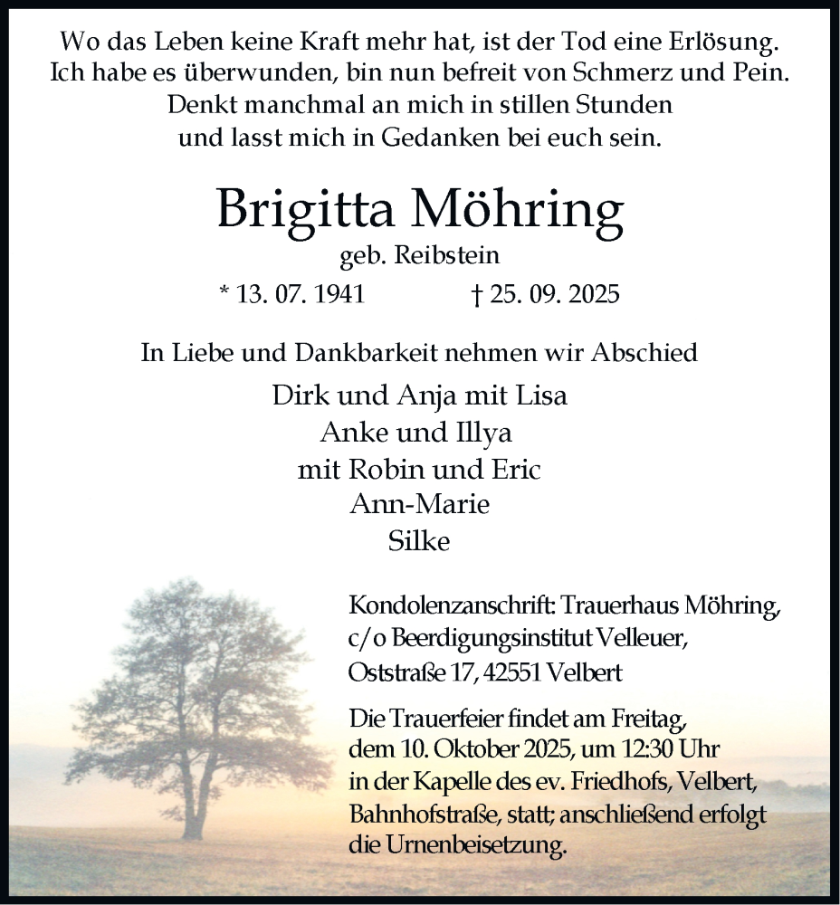  Traueranzeige für Brigitta Möhring vom 06.10.2025 aus Tageszeitung