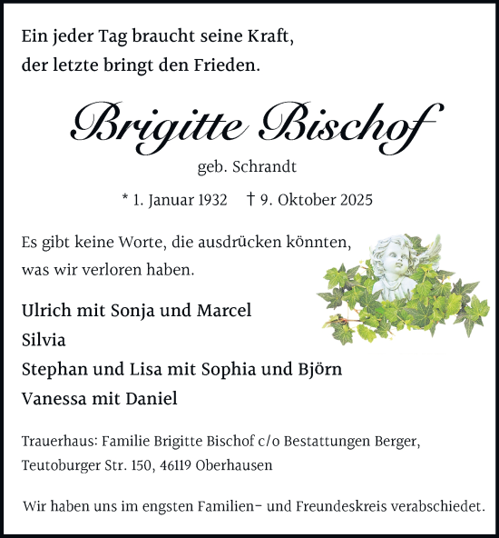 Traueranzeige von Brigitte Bischof von Tageszeitung