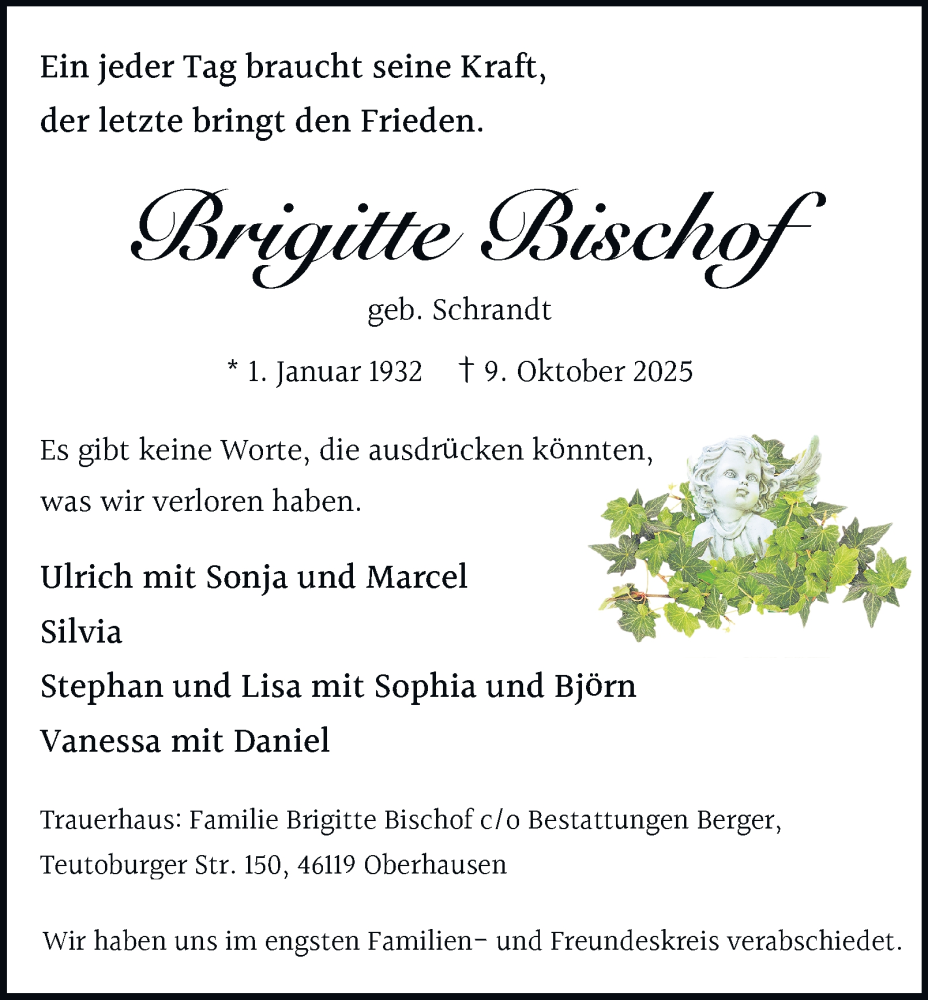  Traueranzeige für Brigitte Bischof vom 25.10.2025 aus Tageszeitung