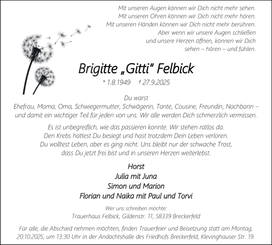 Traueranzeige von Brigitte Felbick von Tageszeitung