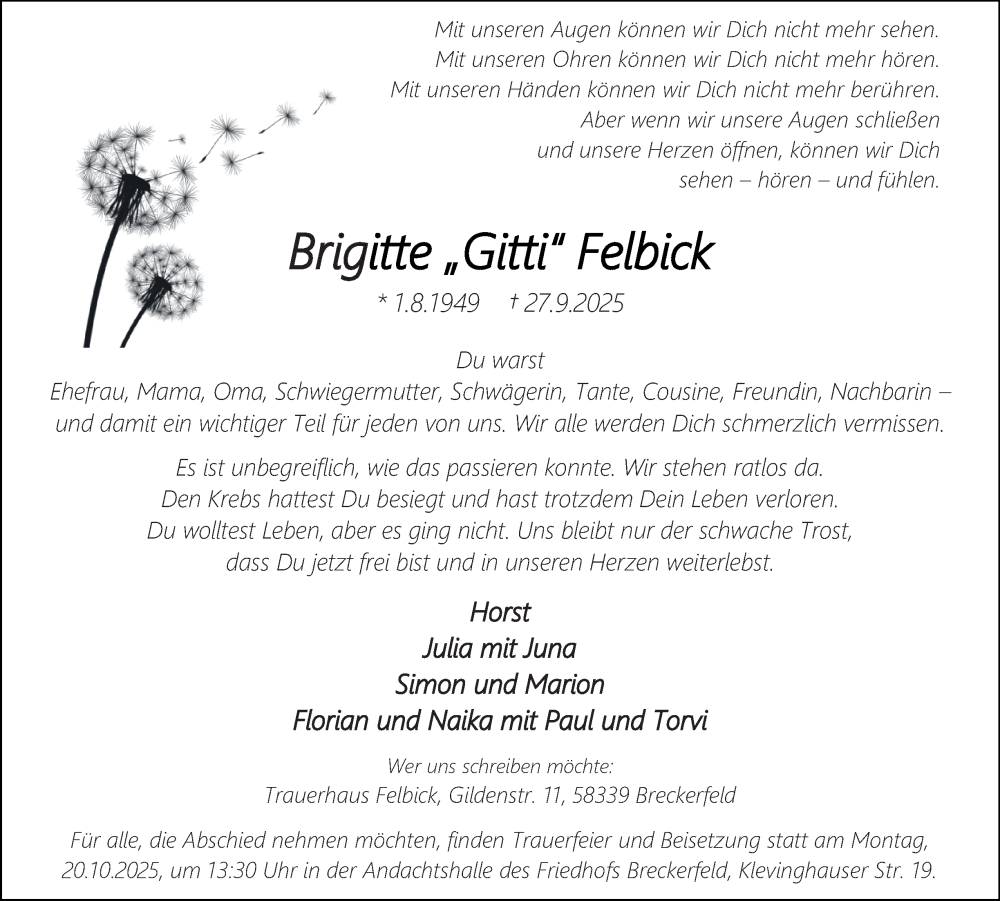  Traueranzeige für Brigitte Felbick vom 11.10.2025 aus Tageszeitung