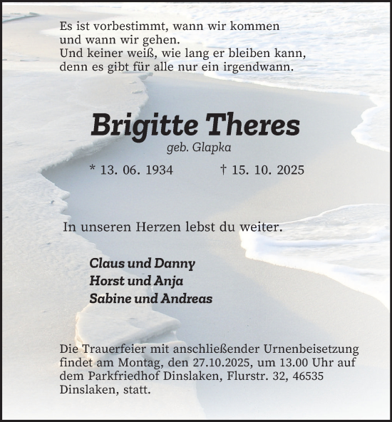 Traueranzeige von Brigitte Theres von Tageszeitung