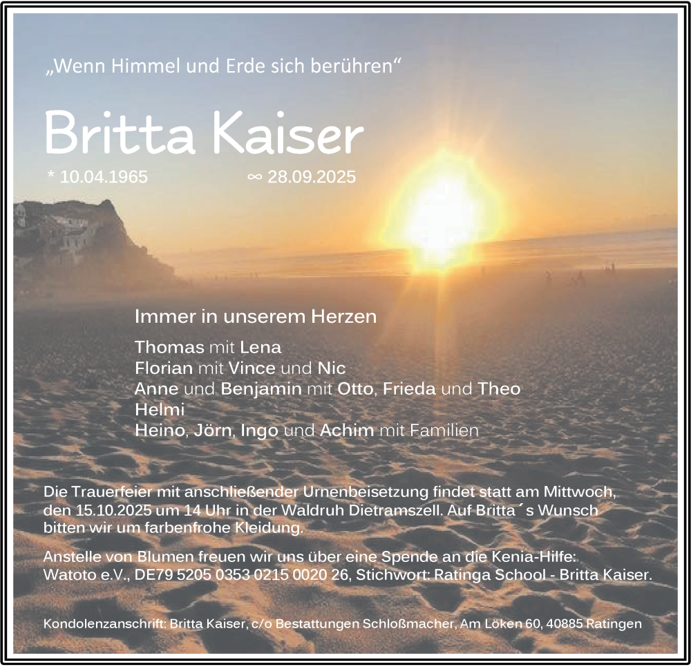  Traueranzeige für Britta Kaiser vom 11.10.2025 aus Tageszeitung