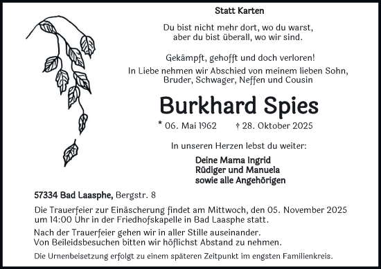 Traueranzeige von Burkhard Spies von Tageszeitung